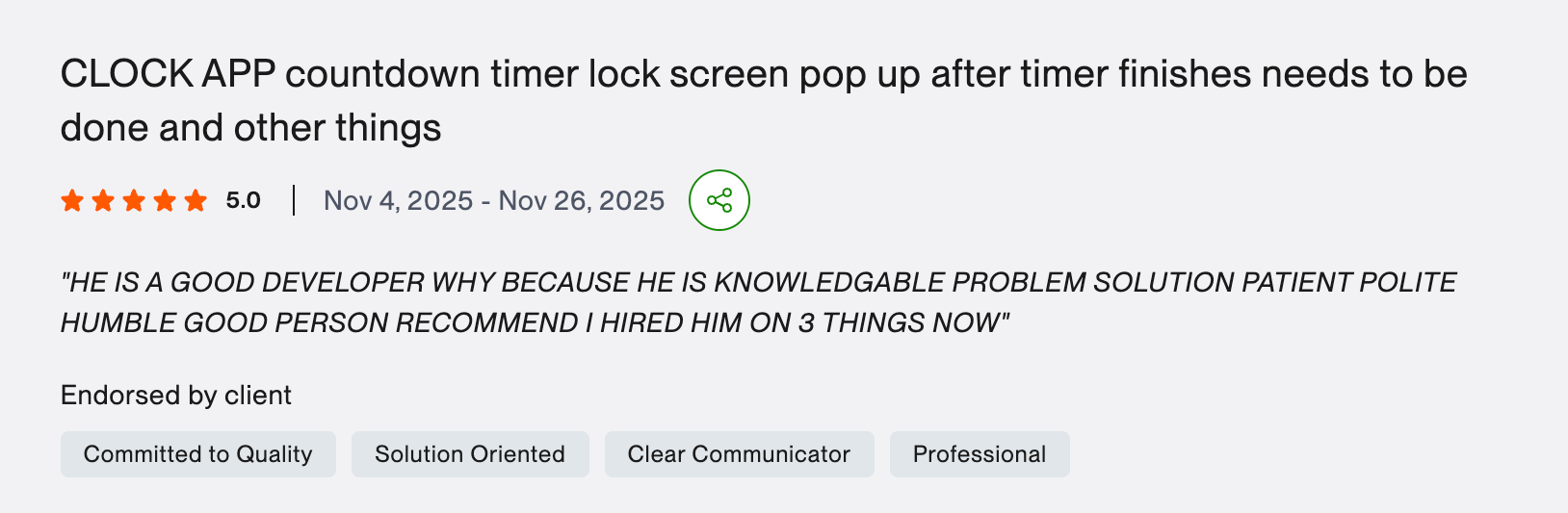 Screenshot of the November 2025 five-star Upwork review for the clock app, from the client who hired again.