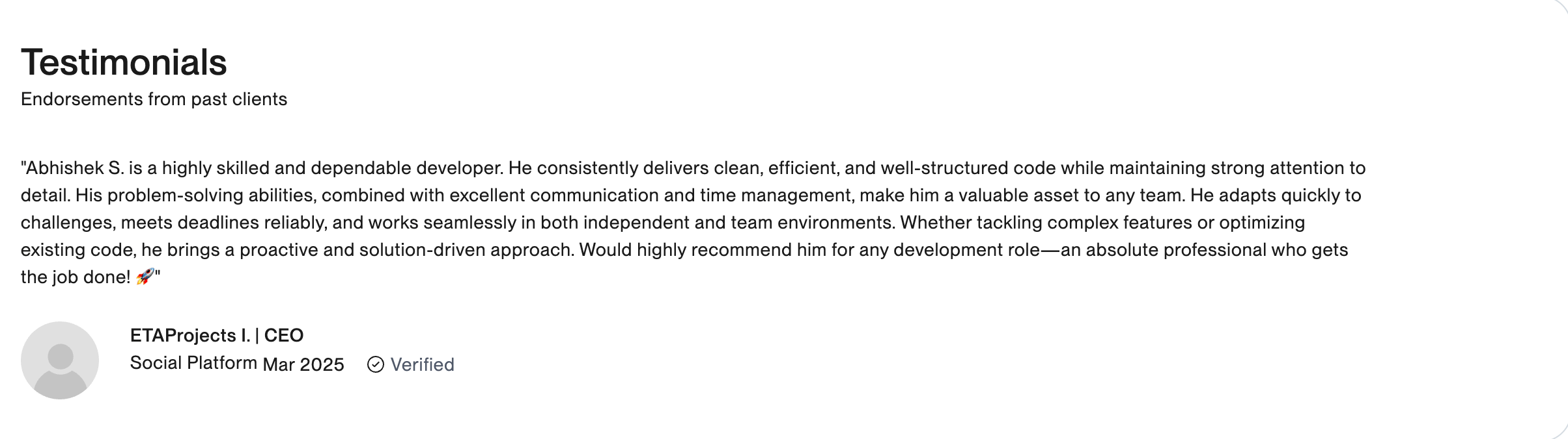 Screenshot of the ETAProjects testimonial on Upwork, marked Verified, March 2025.