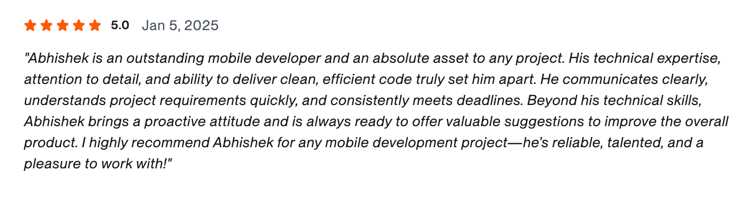 Screenshot of the January 2025 five-star Upwork review quoted in the Social Media App case study.